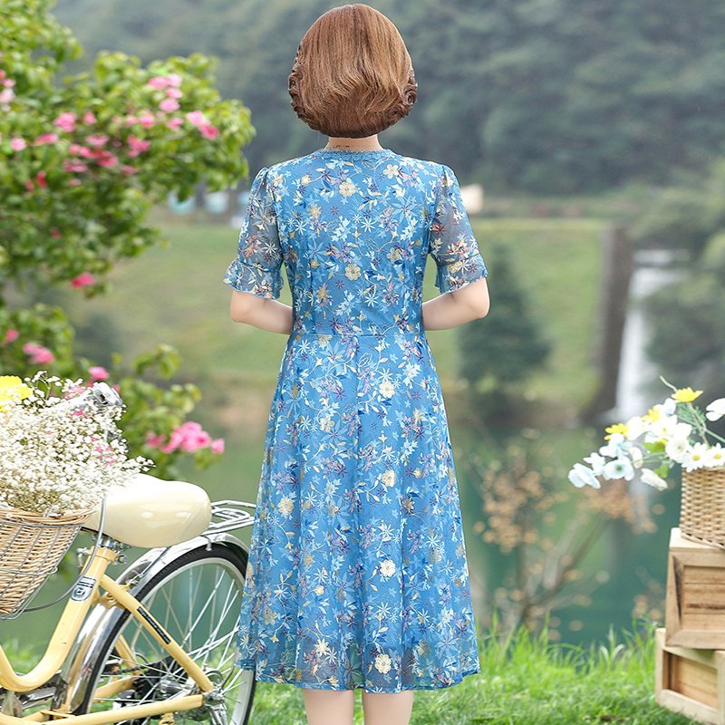 Robe imprimée plissée à manches courtes pour femmes d'âge moyen, robe vintage décontractée pour dames, col en V, robe éducative, été
