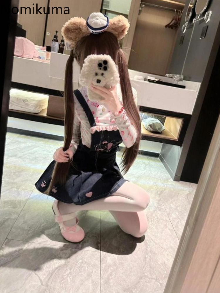 Vêtements japonais pour femmes, tenue douce, ensemble 2 pièces, col rond imprimé, t-shirt à manches longues, taille Slim, robes plissées, costume doux