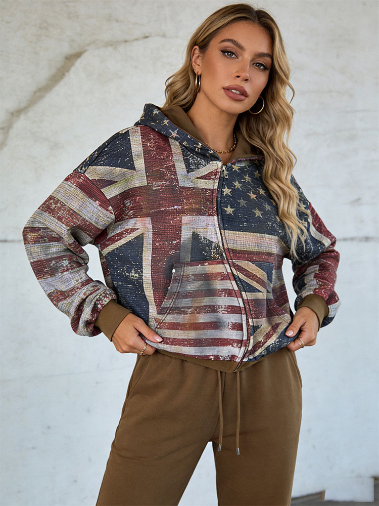 2026 Nouveau Femmes Zipper À Capuche Rétro Drapeau Imprimé À Capuche Sportswear Casual Street Wear Y2K À Manches Longues Top