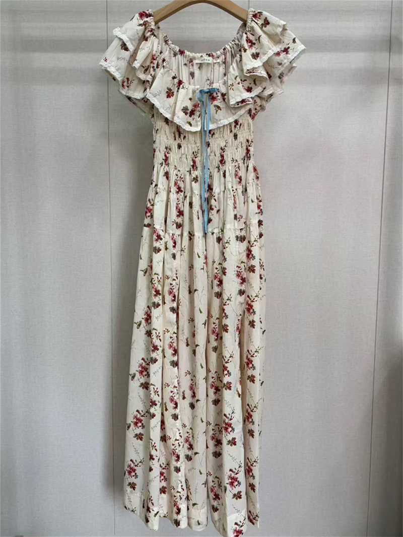 Robe longue plissée à imprimé floral pour femme, col à volants, manches volantées, taille élastique, 100 % coton, idéale pour les vacances