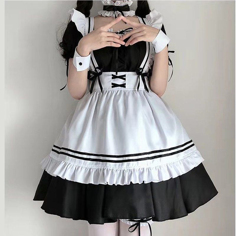 Costumes de Cosplay japonais Anime Lolita, tenue de demoiselle d'honneur noire et mignonne, robe tablier de demoiselle d'honneur pour filles et femmes, Costumes de jeu de rôle d'halloween