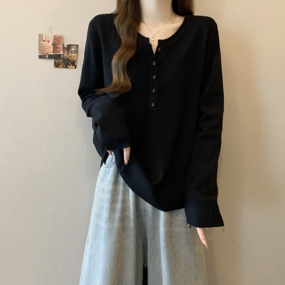 Vêtements pour femmes de grande taille, nouvelle collection printemps-automne, couleur unie, ample et légère, col semi-ouvert à boutons, haut à manches longues