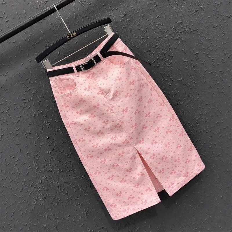 Jupe en jean rose imprimée coréenne pour femme, nouvelle collection été 2026, taille haute, mi-longue et longue, coupe ajustée aux hanches