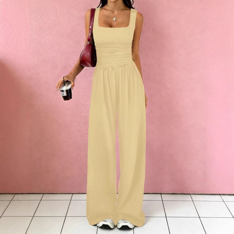 Ensemble deux pièces pour femme : débardeur froncé à col carré et pantalon taille haute à poches larges, couleur unie, style décontracté, streetwear, tenue assortie