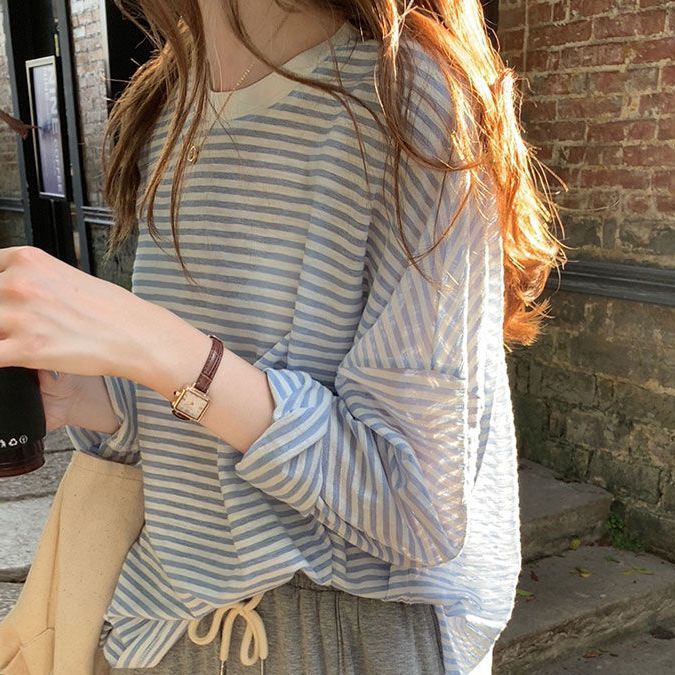 Vêtements pour femmes t-shirt décontracté été 2025 à manches longues mode Style coréen ample rayé crème solaire t-shirt décontracté