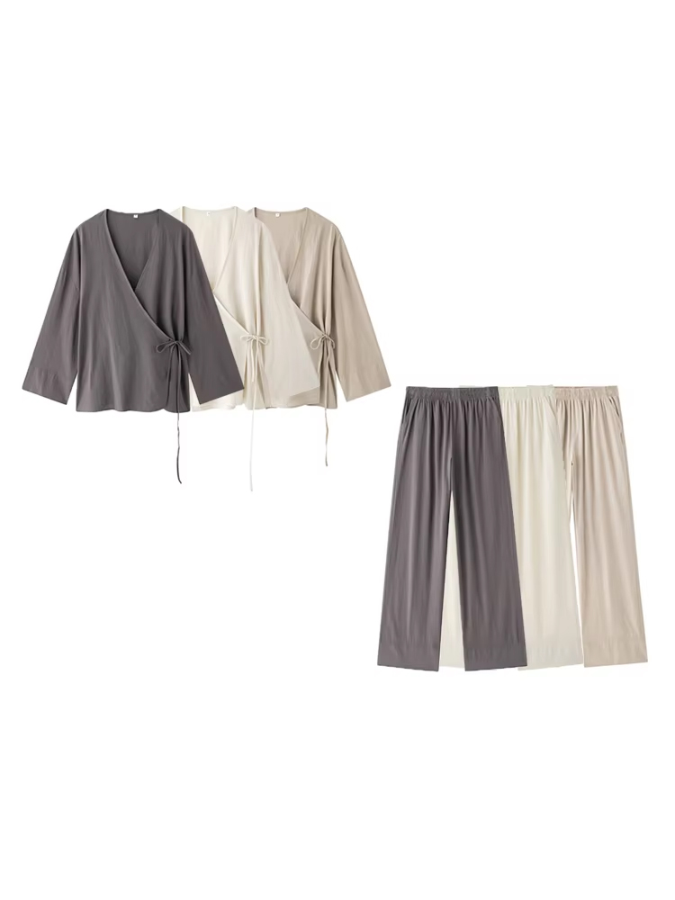 Femmes mode avec chemisiers Kimono amples attachés et taille haute élastique poches latérales pantalon femme deux pièces ensembles Mujer