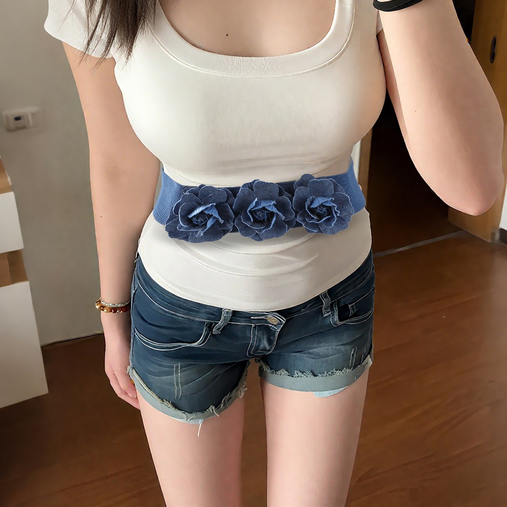 Ceinture élastique en tissu de style coréen, largeur 5 cm, boucle bleue, ceinture de taille, ceinture élastique à fleurs, accessoires pour robe