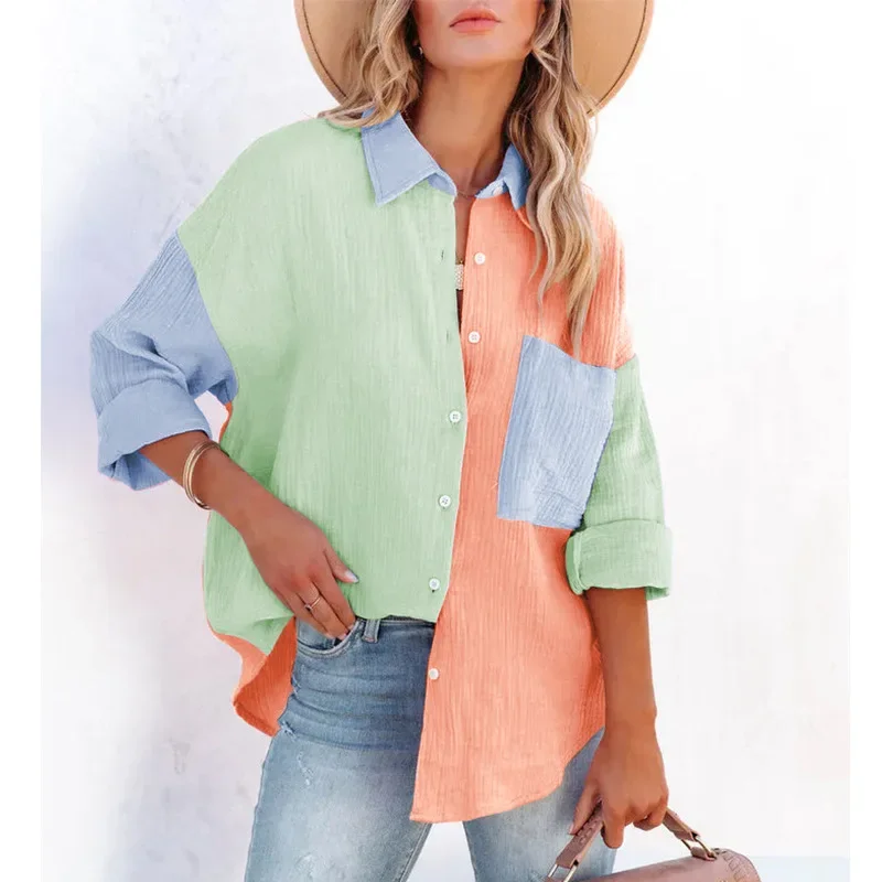 Personnalisé mode femmes nouvelle chemise Patchwork élégant trajet contraste revers boutons Cardigan Streetwear dames Blouses décontractées
