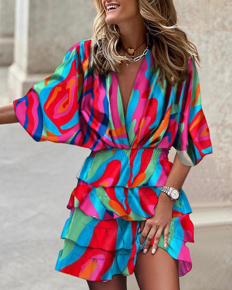 Robe de Sport pour femmes, col en v, manches chauve-souris amples, taille élastique, imprimée, Mini robes décontractées à ourlet à volants
