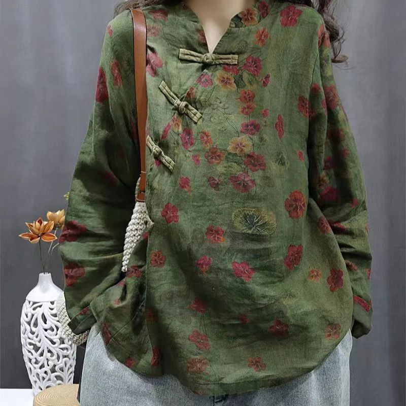 Chemisier Femme Style Ethnique à Motifs Floraux, Col Asymétrique Rétro, Nouveauté Printemps-Automne, Hauts Littéraires en Coton et Lin
