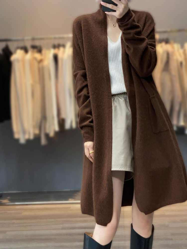 Cardigan en laine mérinos marron pour femme, collection automne-hiver 2026, tricoté, à manches longues, ample, chaud, style coréen, pour Noël