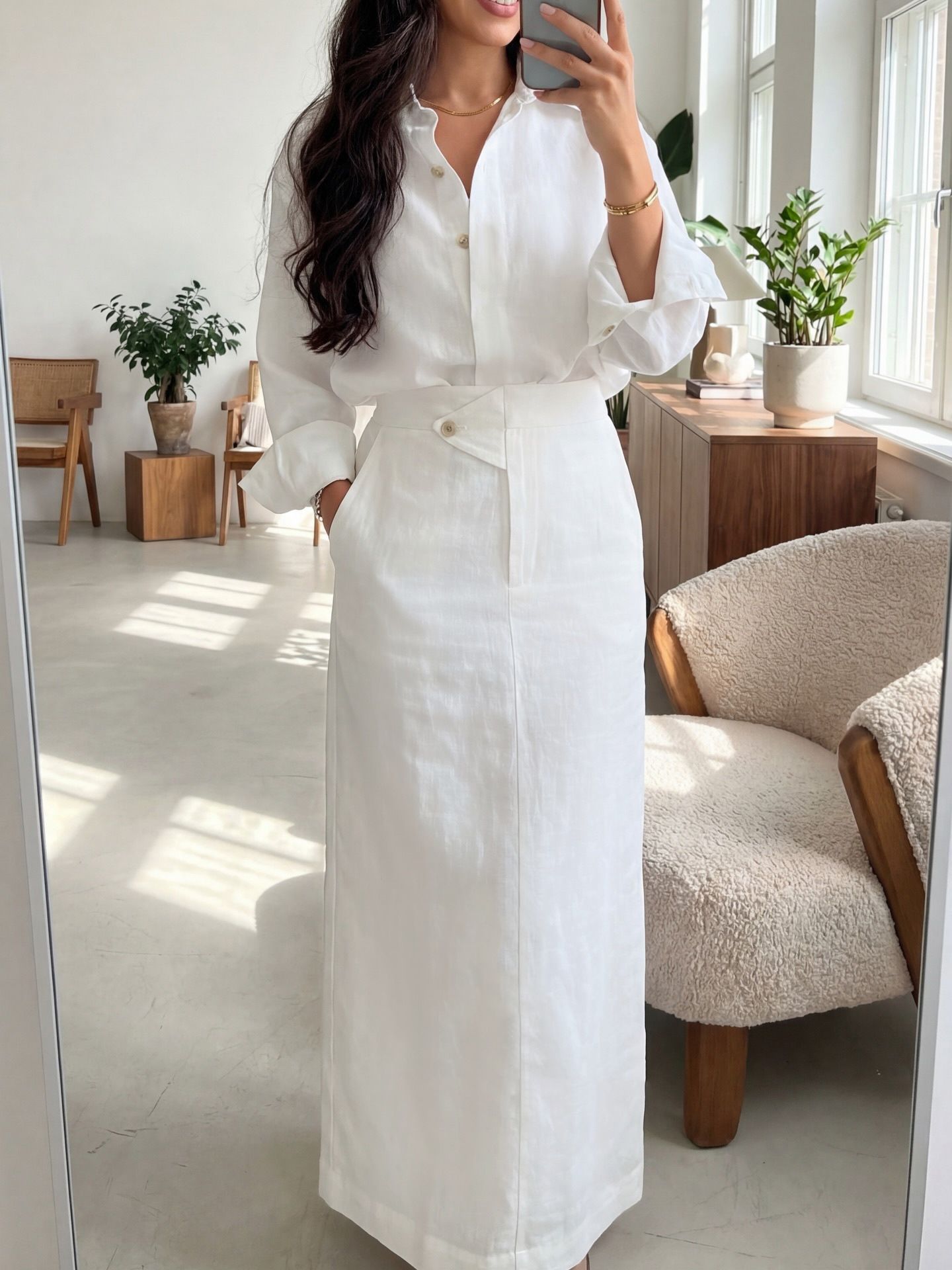 Ensemble Chic et Décontracté 2 Pièces pour Femme : Jupe Longue Unie et Chemise à Manches Longues – Collection Printemps-Été 2026