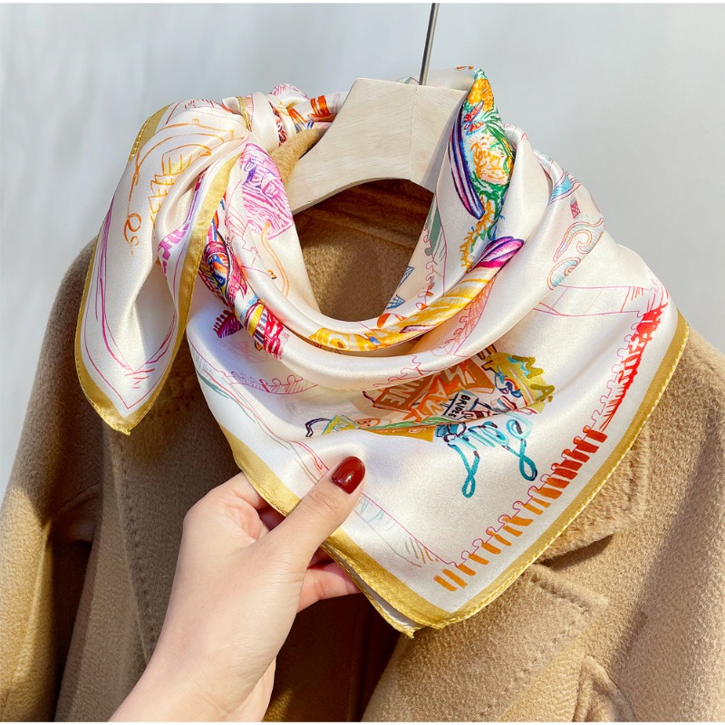Écharpe en satin de soie de mûrier 100% pour femme, motif abstrait coloré cheval, carrée, multi-usage comme bandeau ou décoration de sac