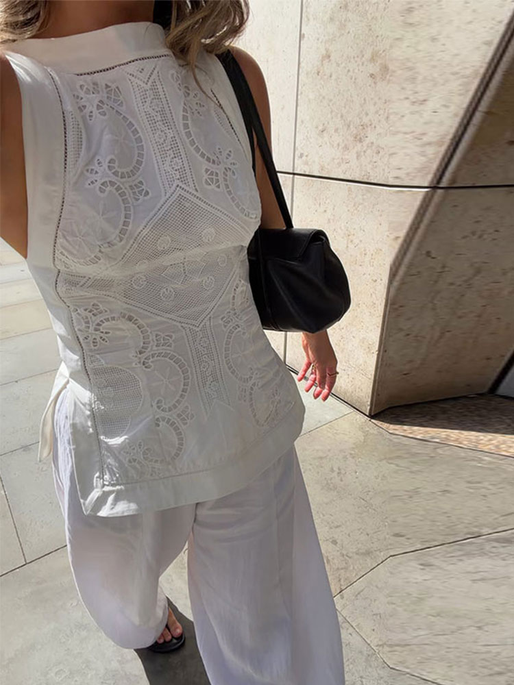 Débardeur brodé vintage pour femme, col rond, sans manches, à découpes, fente latérale, idéal pour l'été, les soirées, les clubs, le quotidien et le streetwear