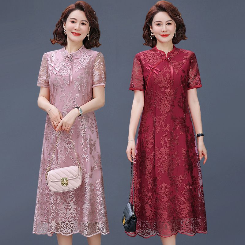Robe Vintage à manches courtes pour femmes, vêtements de Style chinois pour mères d'âge moyen, robes longues au genou, robe de Banquet de mariage