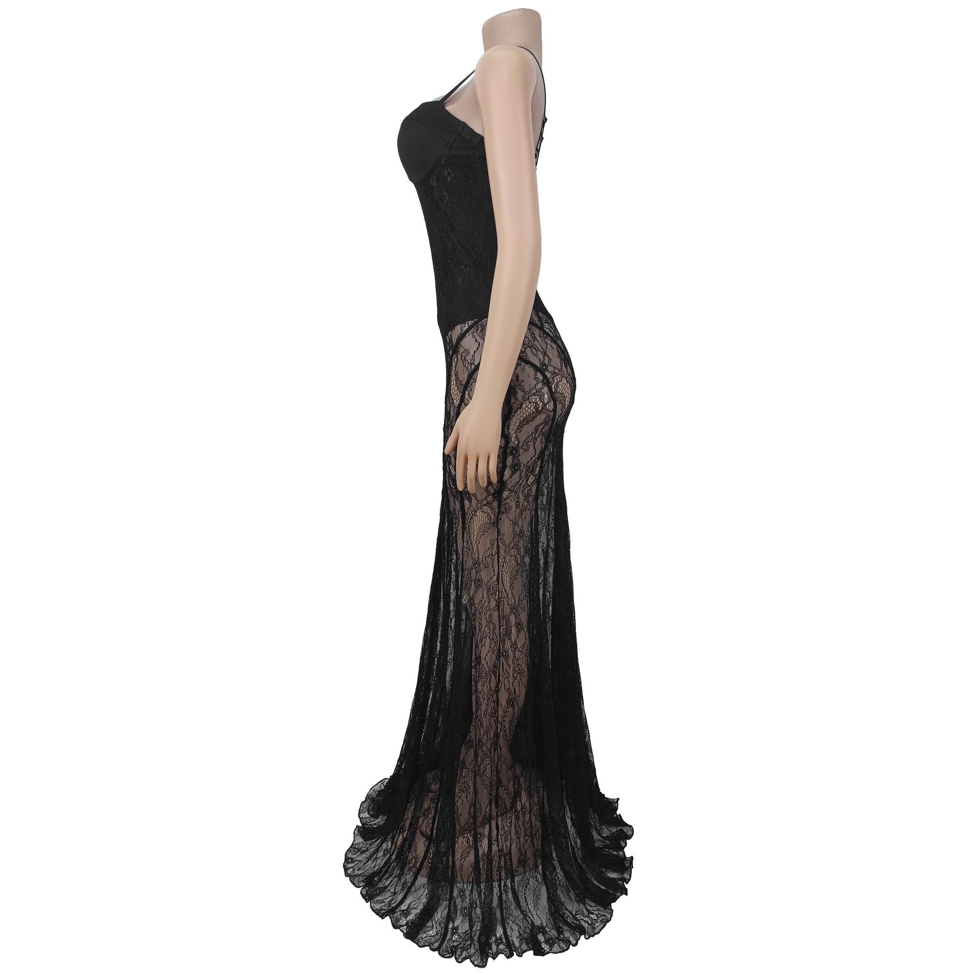 Dentelle voir à travers la robe de soirée de bal Sexy femmes Spaghetti sangle élégante boîte de nuit longue robe Maxi