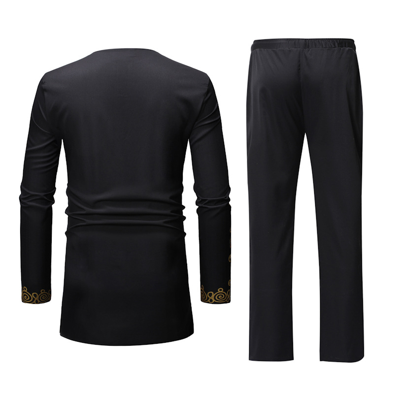 Ensemble chemise et pantalon Dashiki pour homme africain, imprimé métallique, hauts à manches longues, tunique, col en V, vêtements traditionnels assortis, pantalon