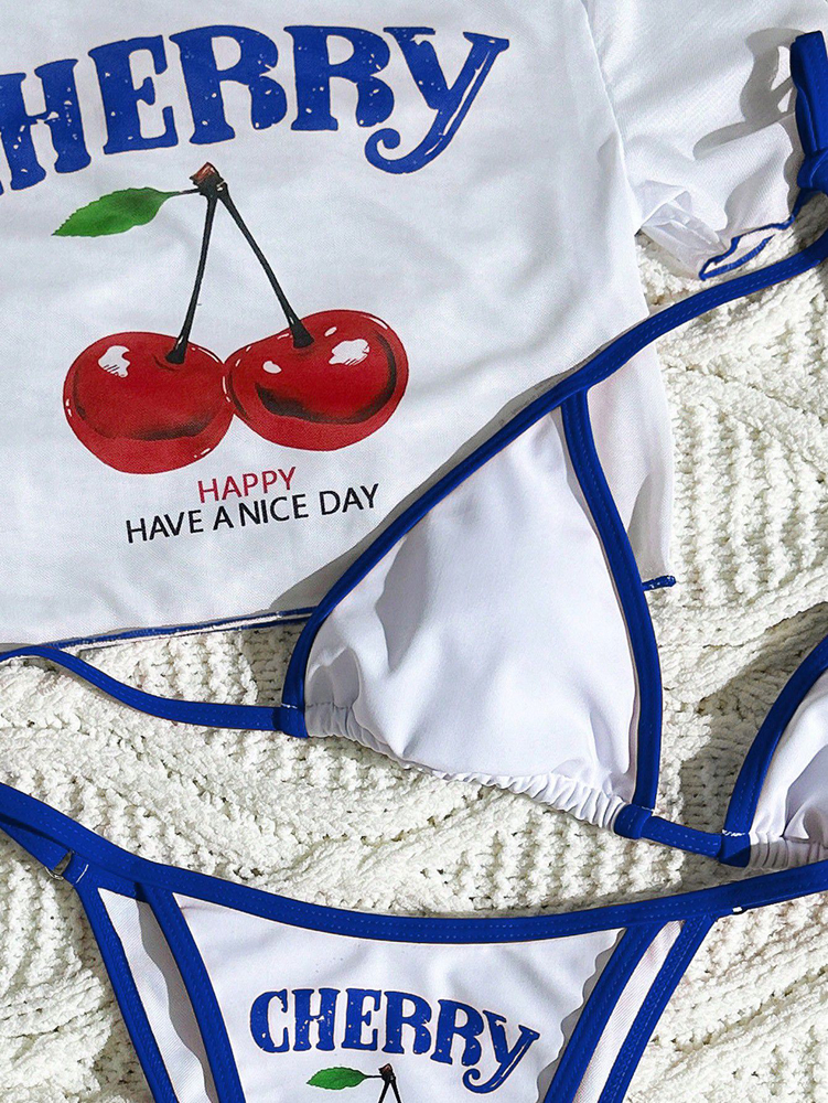 Maillot de bain trois pièces sexy et frais à imprimé cerises, style halter, bleu foncé, collection 2026