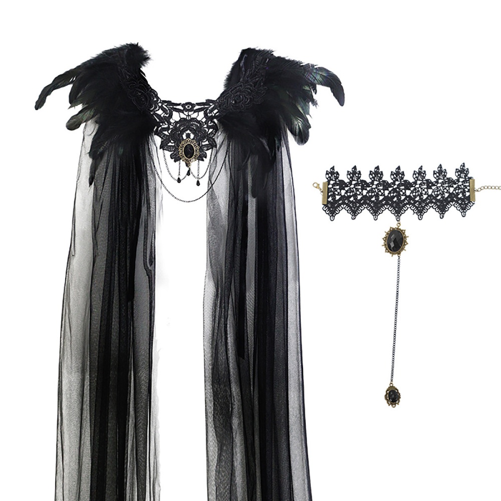 Châle gothique en dentelle brodée de plumes, cape de sorcière d'halloween, écharpe enveloppante de cou noire, Bracelet, accessoires de Costume de Cosplay d'halloween