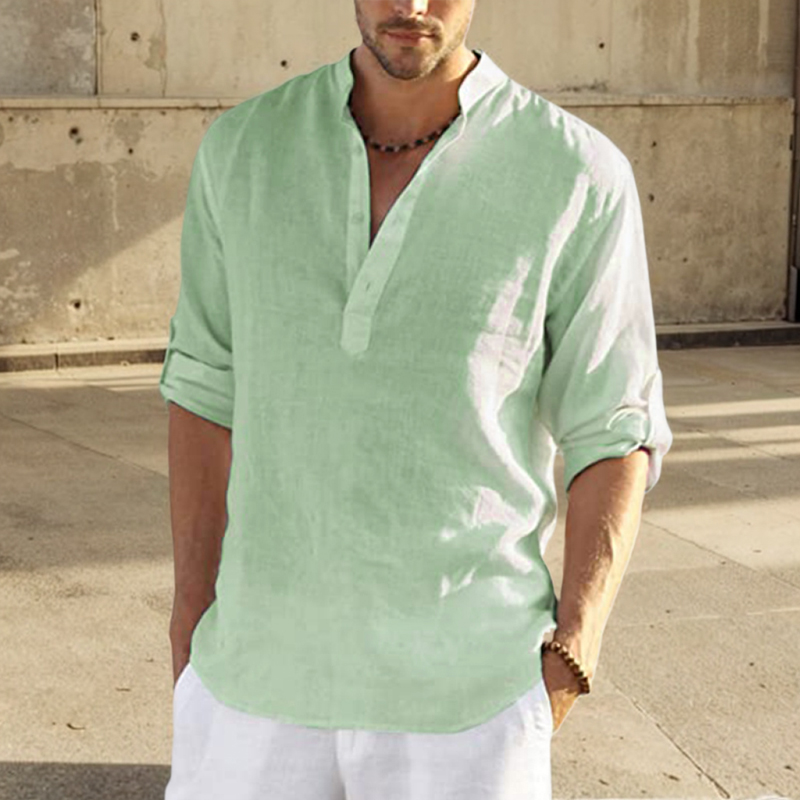 Chemise en lin de coton pour hommes, chemisier décontracté, col montant, t-shirt à manches longues pur, beau haut ajusté, vêtements pour hommes, mode