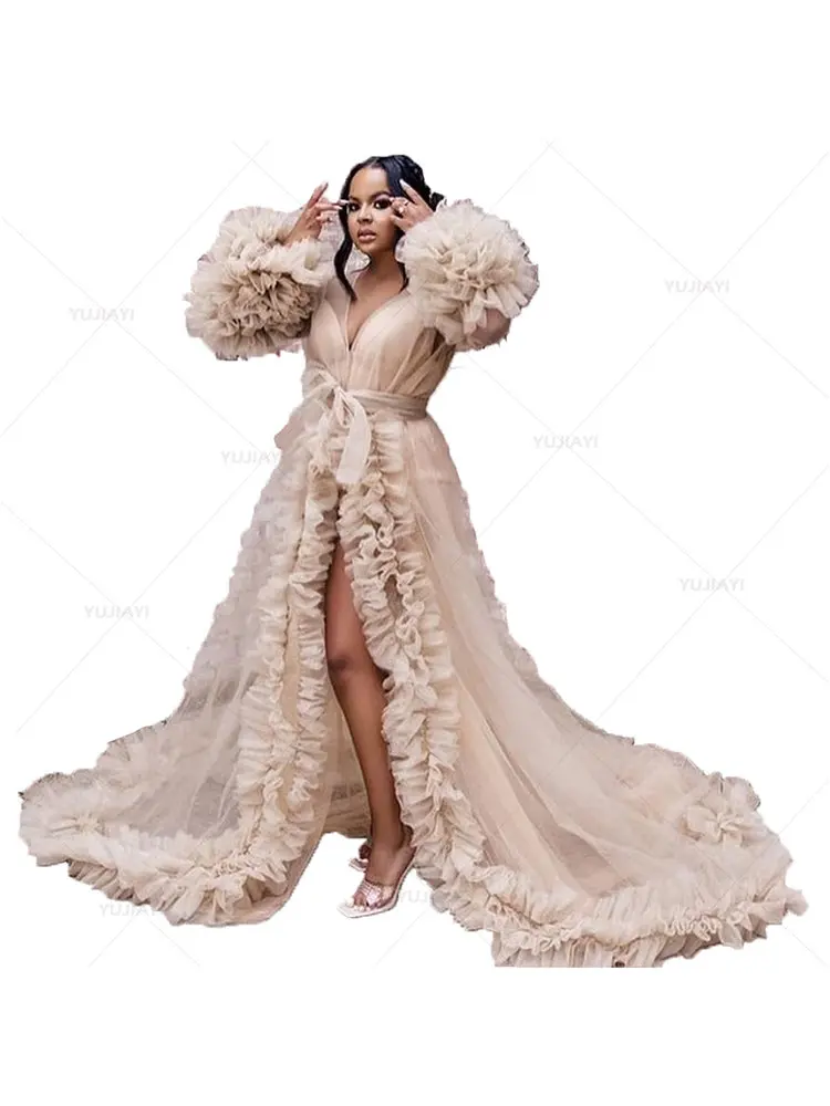 Robe de bal de mariée en Tulle pelucheux pour femmes, manches longues, Robe de soirée de mariage, pyjama Boudoir, Robe de maternité