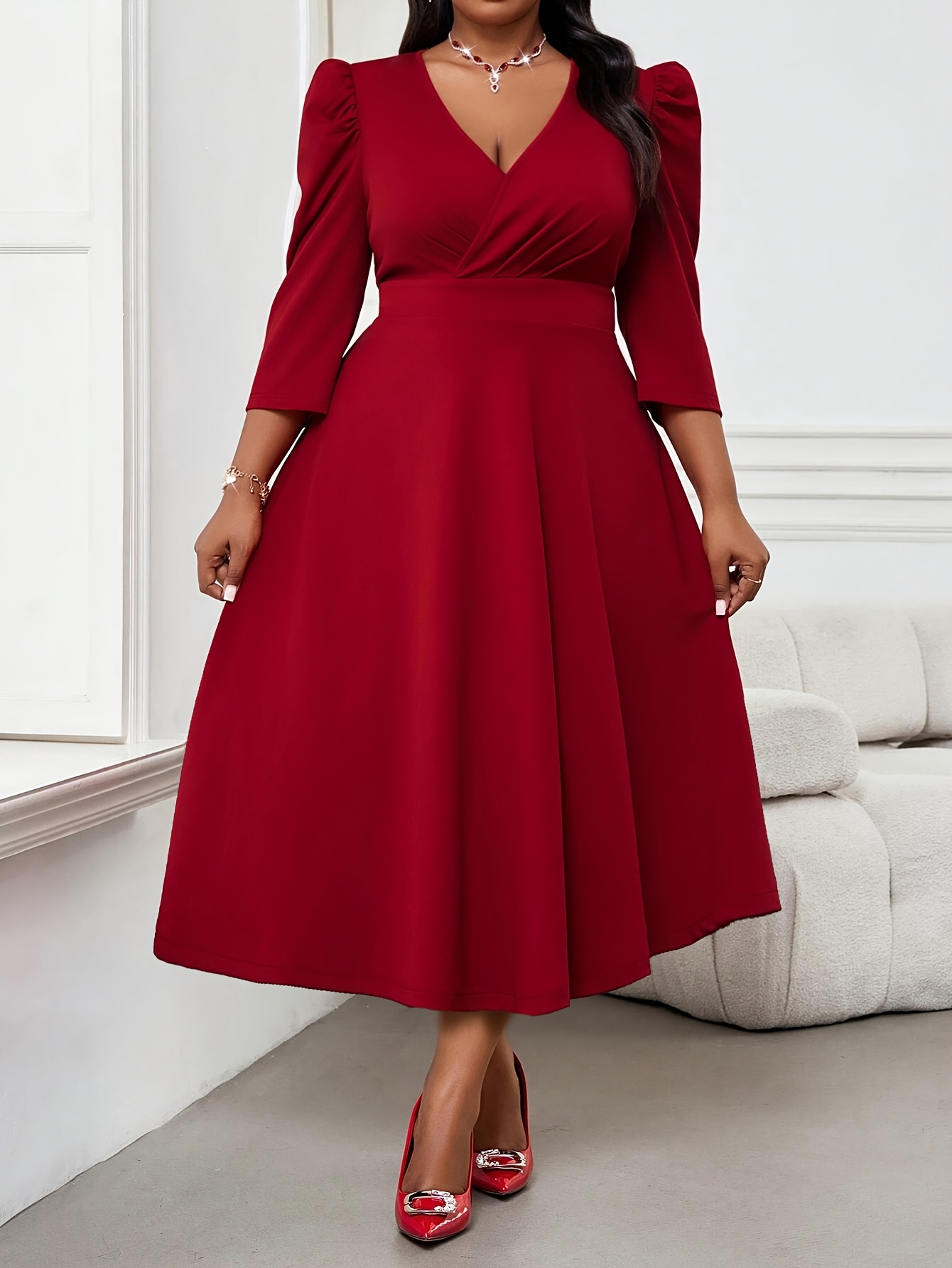 Robe longue élégante rouge grande taille pour femme 2026, manches 3/4, taille haute, coupe trapèze, automne-printemps, pour le bureau ou les soirées