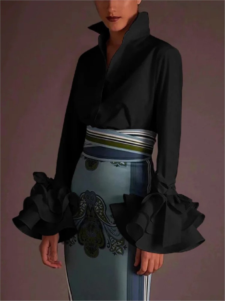 Chemises et blouses pour femmes, élégantes, manches évasées, blouses à volants, hauts, printemps, automne, décontractées, unies, chemises de bureau à col boutonné, hauts