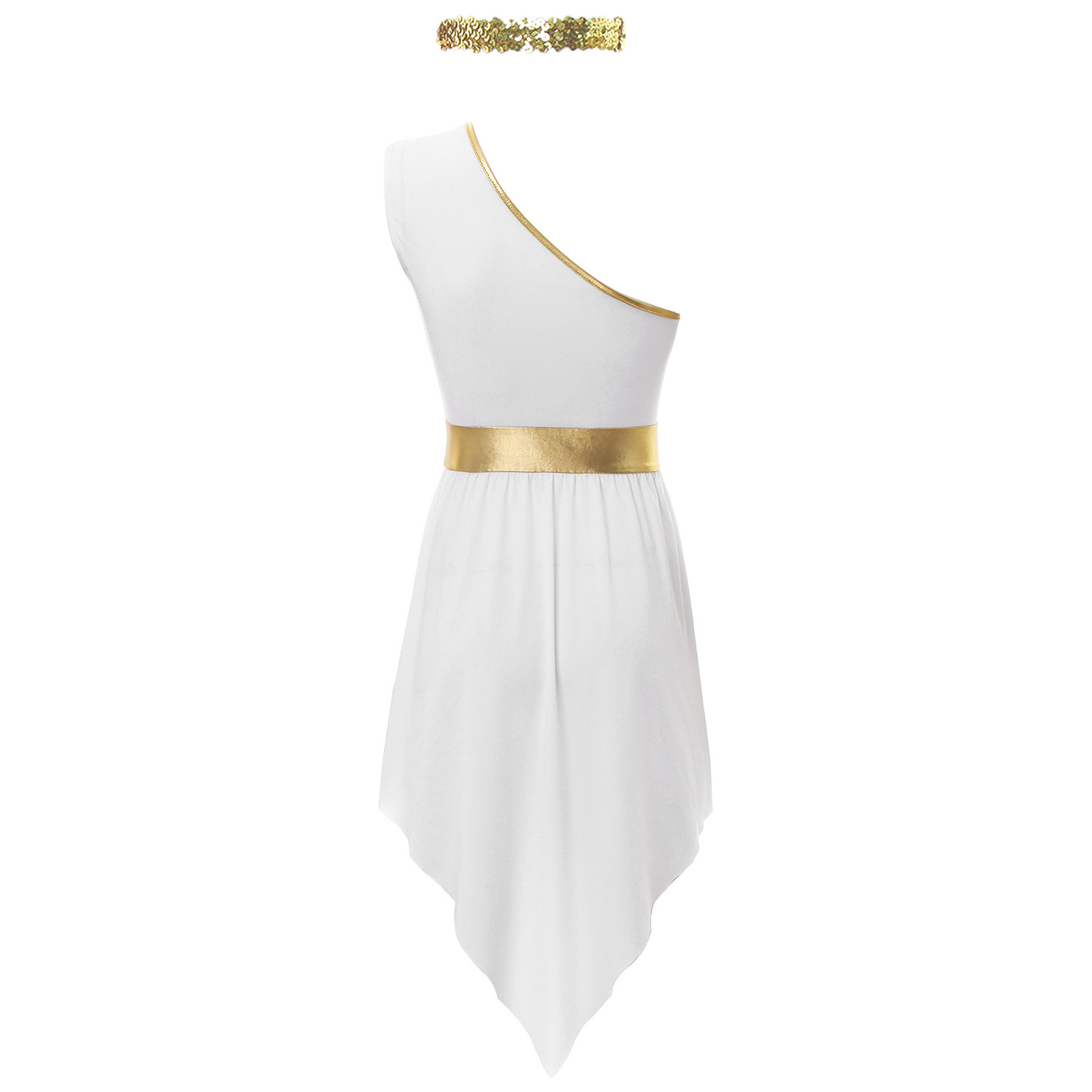 Robe de costume toga grecque de Rome antique pour femmes, robe à une épaule avec blocs de couleur, ceinture dorée, robe de fête de déesse pour Halloween et cosplay