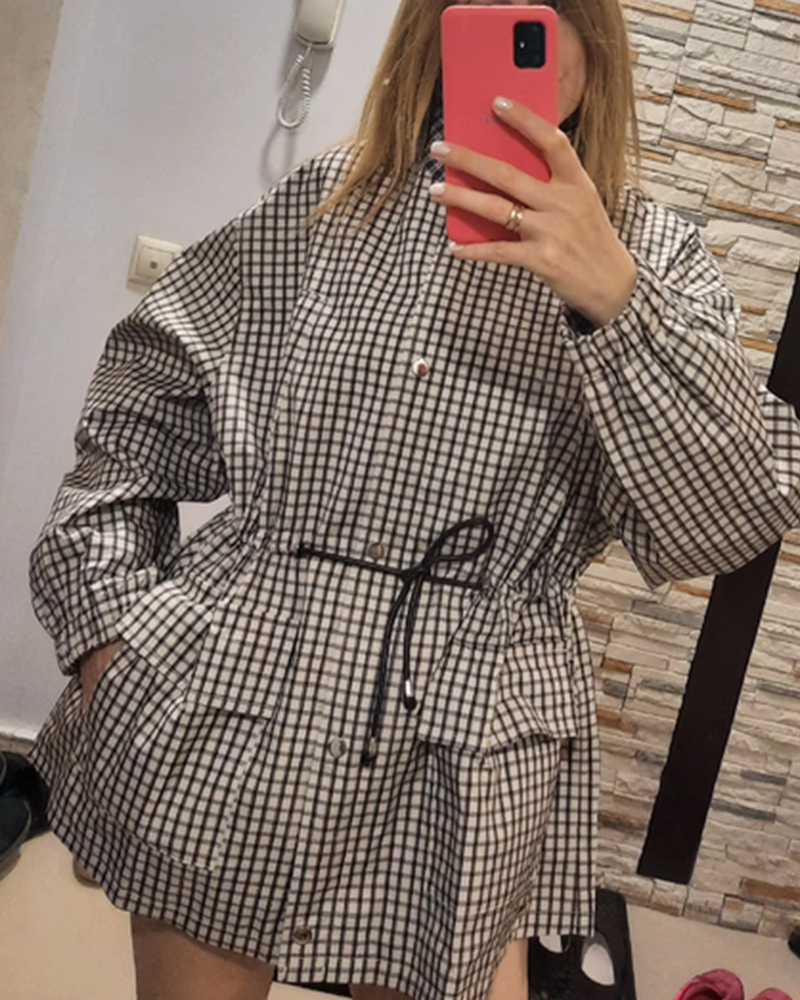 Manteau pour femme 2026 Nouvelle collection automne, gris à carreaux, manches longues, coupe ample, avec cordon de serrage décoratif, style décontracté et tendance, vêtement d'extérieur pour femme