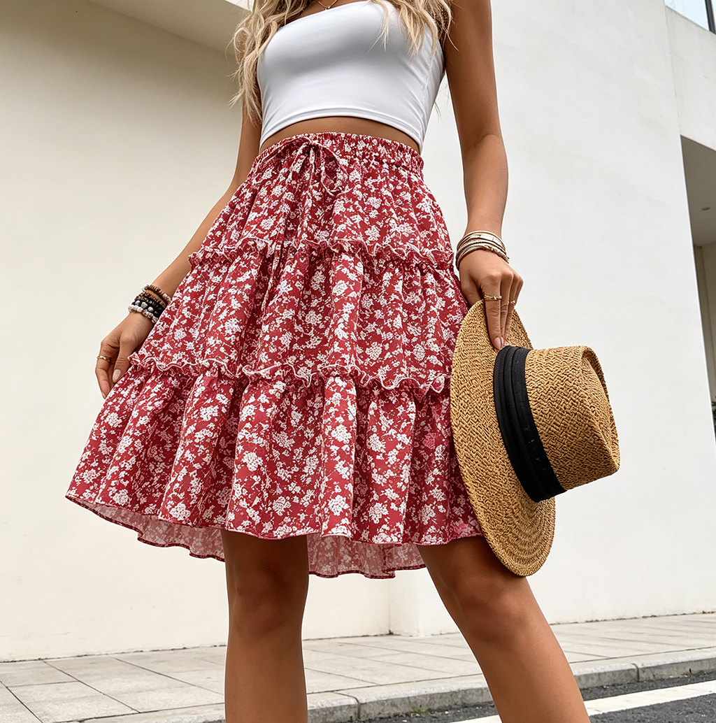 Robe mini à volants superposés à imprimé floral pour femmes, jupe courte à taille haute et à volants, robe bohème décontractée d'été pour la plage.