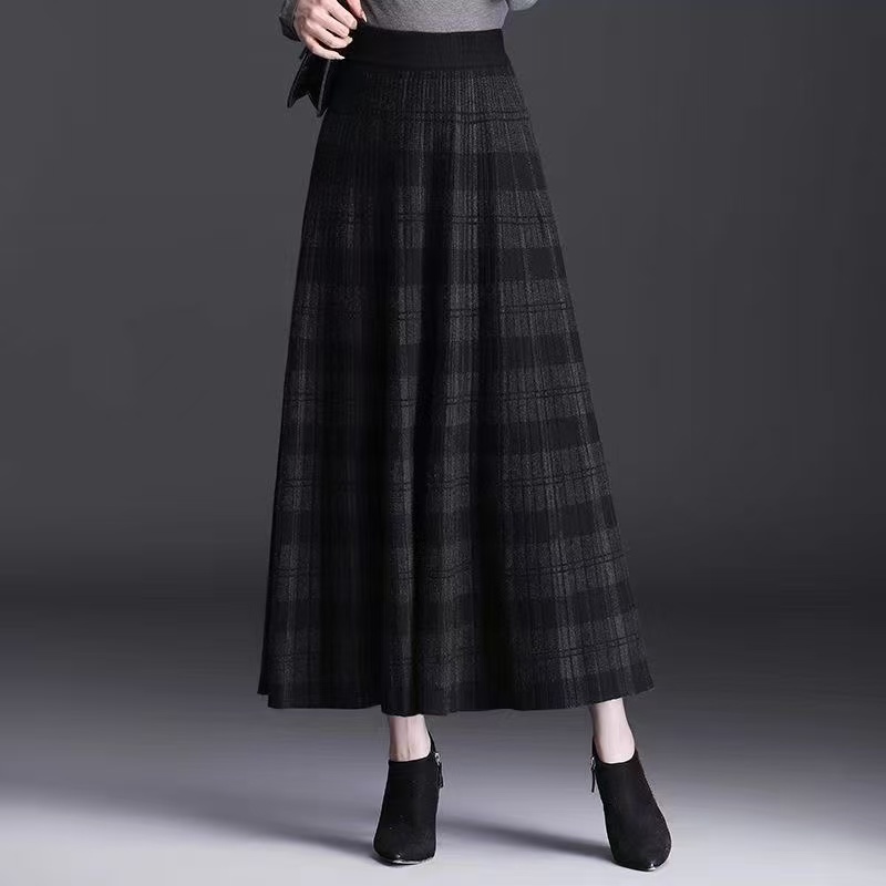 Jupe longue en tricot à carreaux pour femme, taille haute élastique, coupe A-line, épaisse, pour l'automne et l'hiver