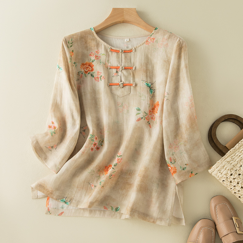 Style chinois abricot impression florale col rond manches courtes T-shirt femmes Blouse chemise mode coréenne femme vêtements hauts 2024