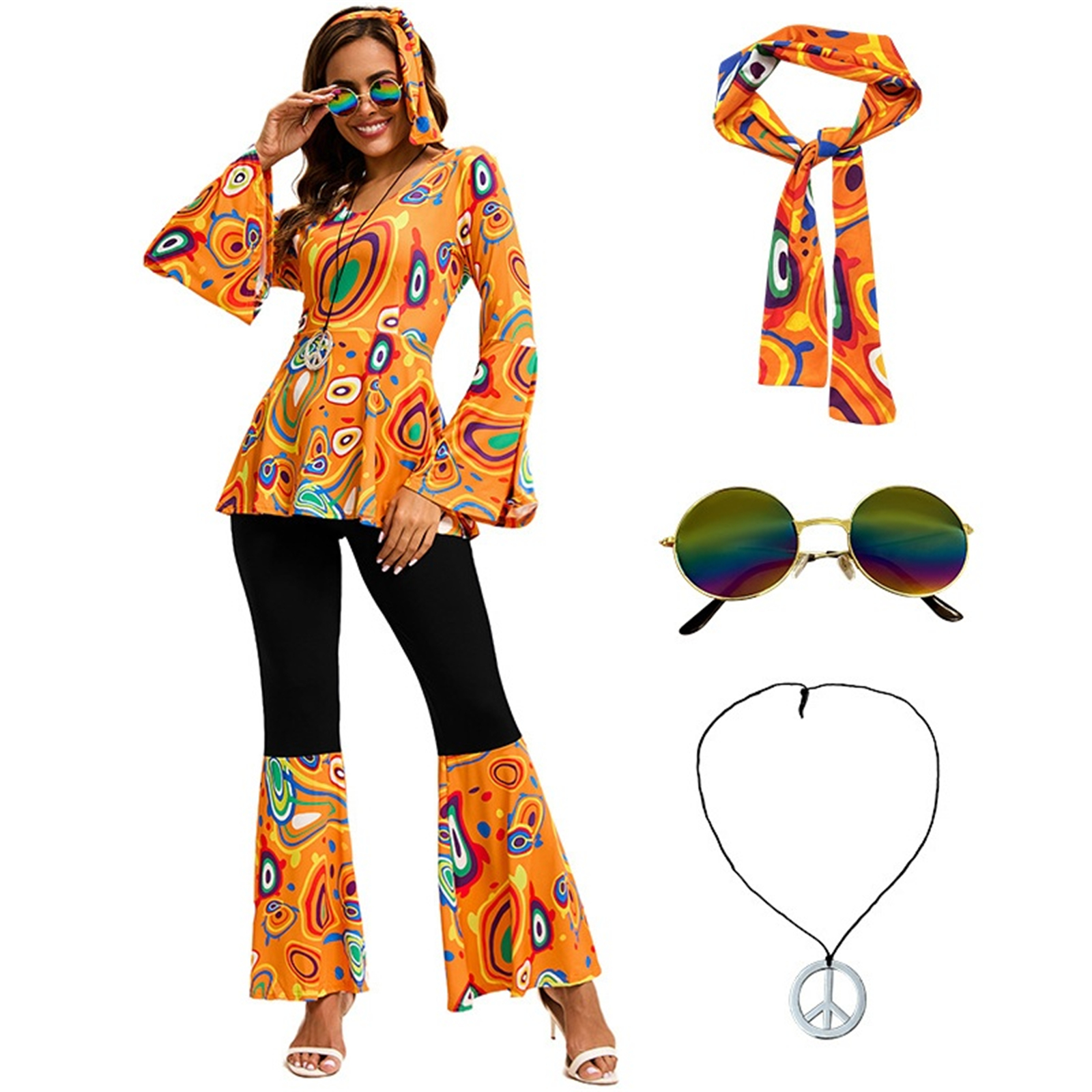 Tenues pour femmes des années 60 et 70, ensemble de costumes hippies, robe disco, pantalon évasé bohème, chemise hippie, bandeau