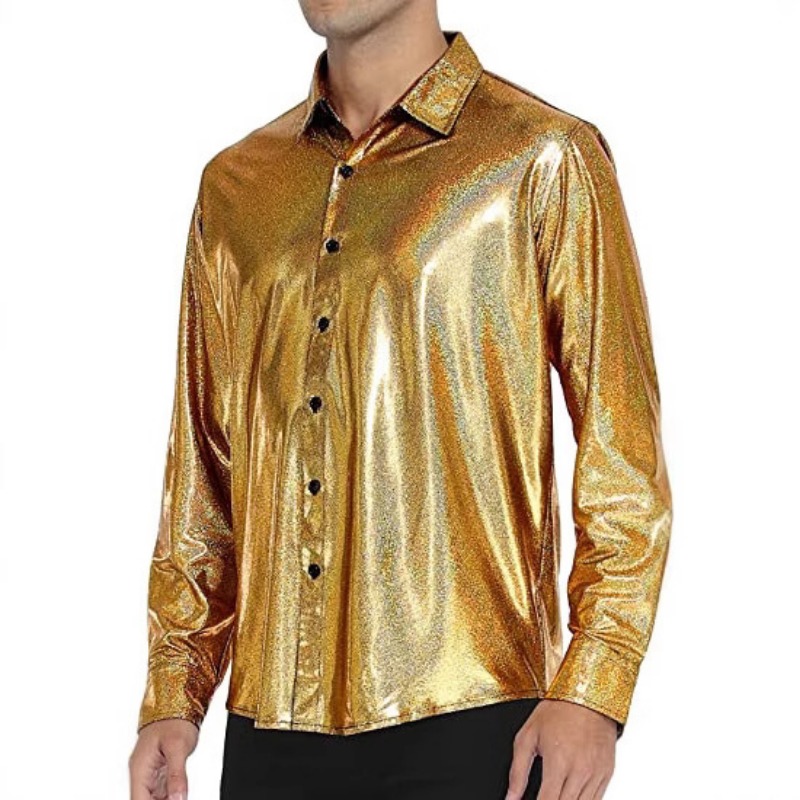Chemise à paillettes dorées brillantes pour hommes, coupe cintrée, manches longues, chemises habillées des années 70, discothèque, fête, scène, Costume de chanteur