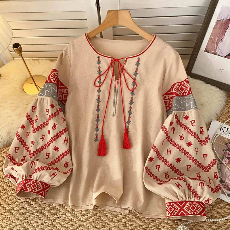 Nouvelle Blouse Bohème Brodé pour Femme, Col en V, Nœud Papillon, Manches Lanterne, Printemps-Automne, Blusas Mujer, Hauts Féminins BL021