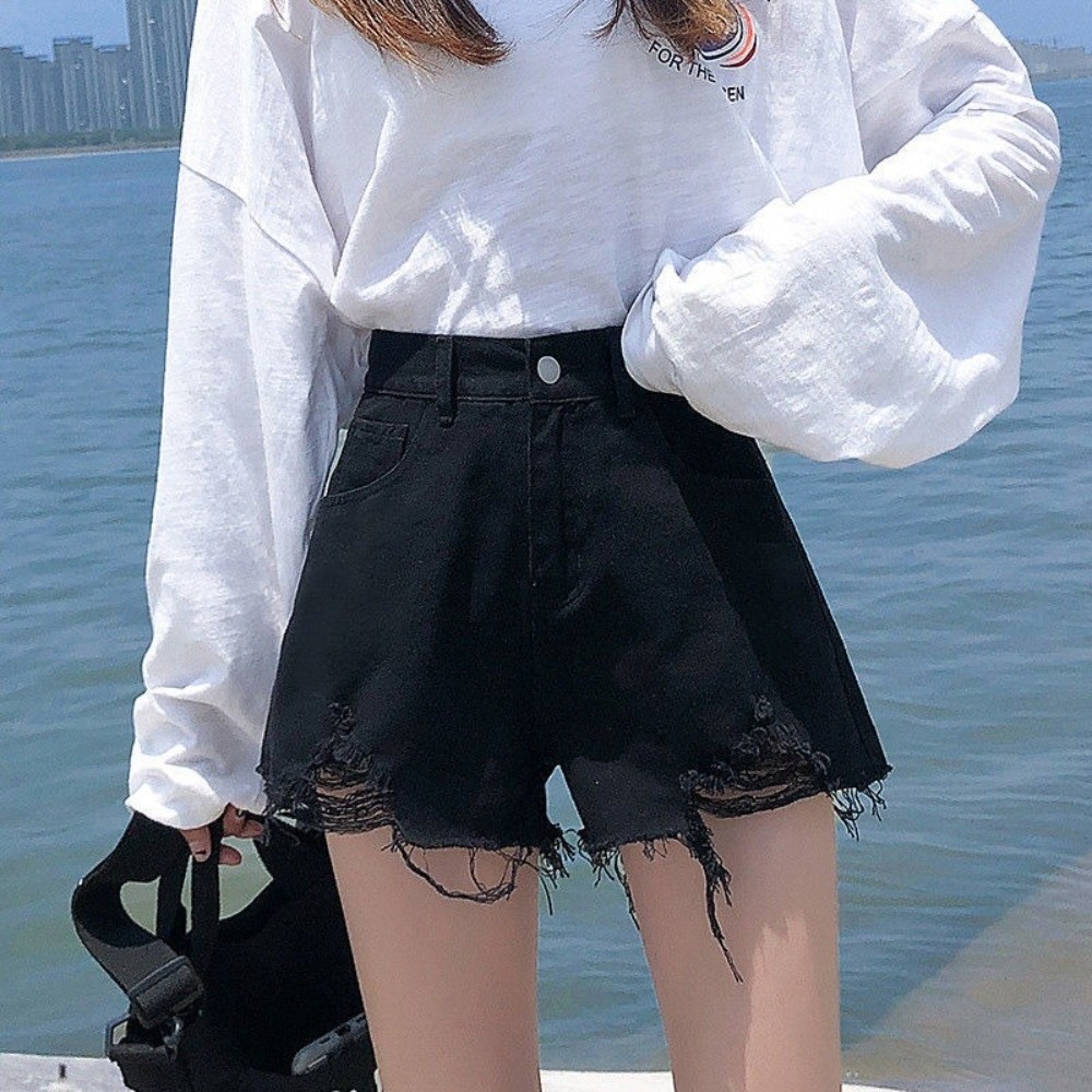 Shorts en jean décontractés et extensibles pour femme, déchirés, taille haute, en denim, avec ourlet effiloché, polyvalents, pour l'été