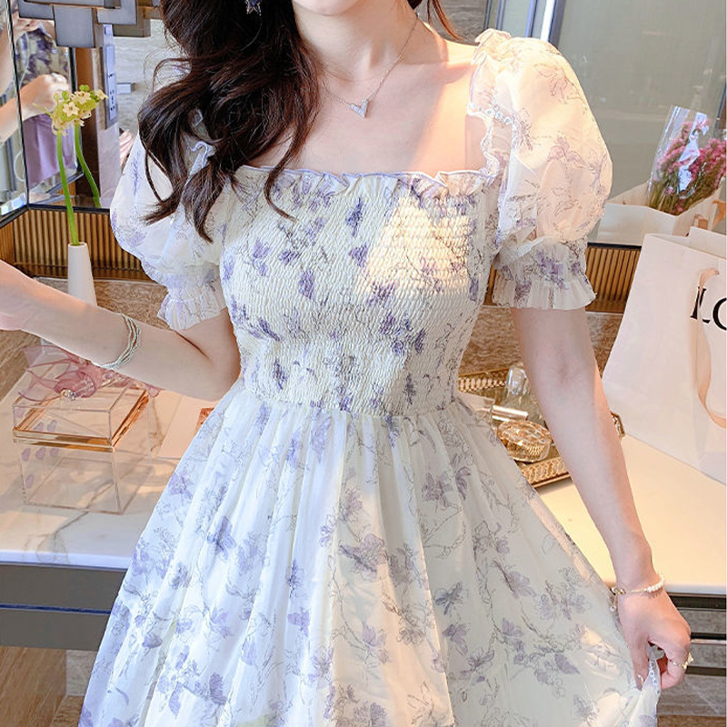 Robe florale vintage en mousseline de soie, mode coréenne élégante, robe d'été française, col carré, manches courtes bouffantes, peinture à l'encre, 20827