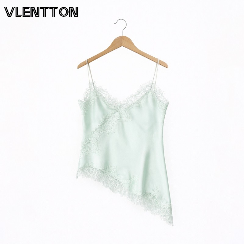 Camisole en satin et dentelle pour femme, bretelles spaghetti, ourlet asymétrique, débardeur sexy et élégant de haute qualité, haut sans manches d'été