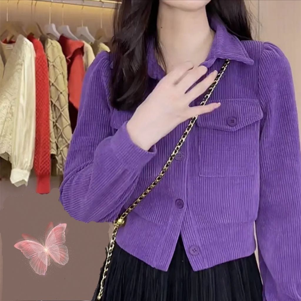 Veste en velours côtelé kaki rétro épaisse pour femme, nouvelle collection automne-hiver, coupe courte et ample, manches longues, style cardigan