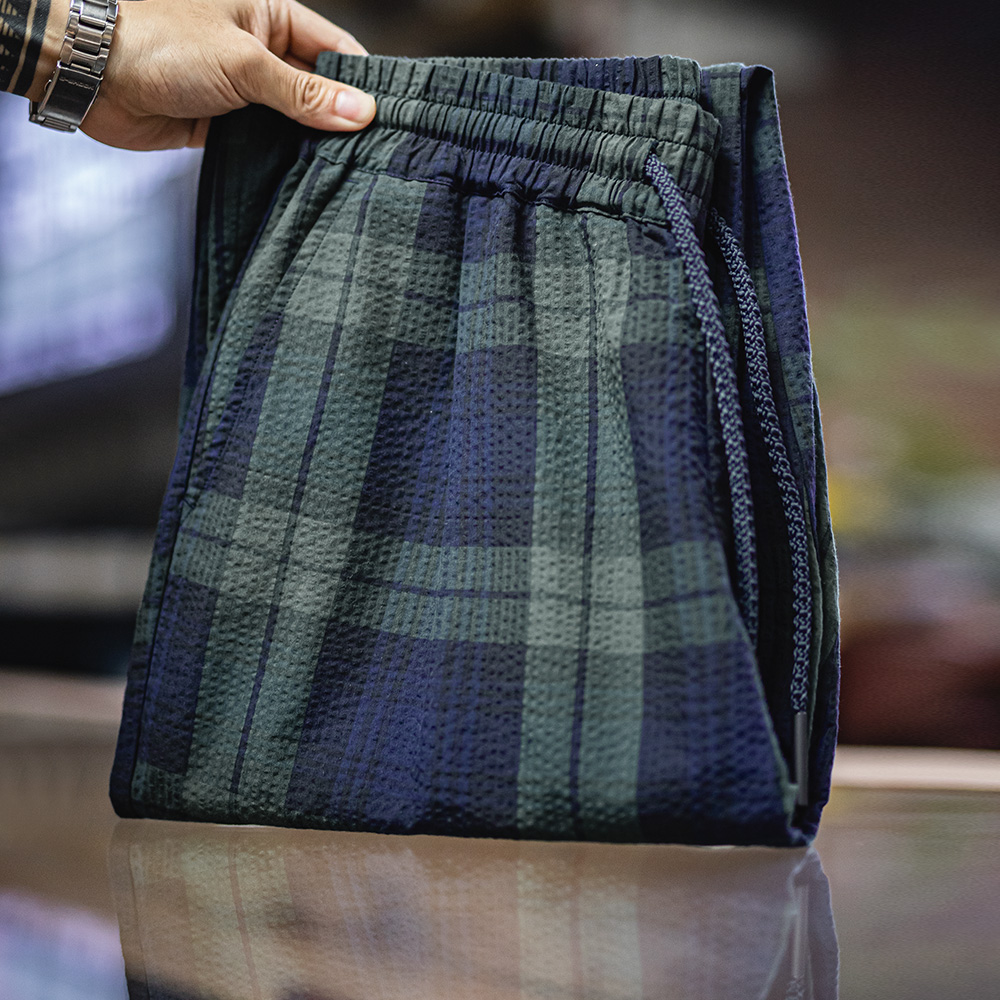 Maden Pantalon tartan vintage pour homme Pantalon léger en seersucker avec taille élastique Pantalon décontracté classique pour l'été et l'automne