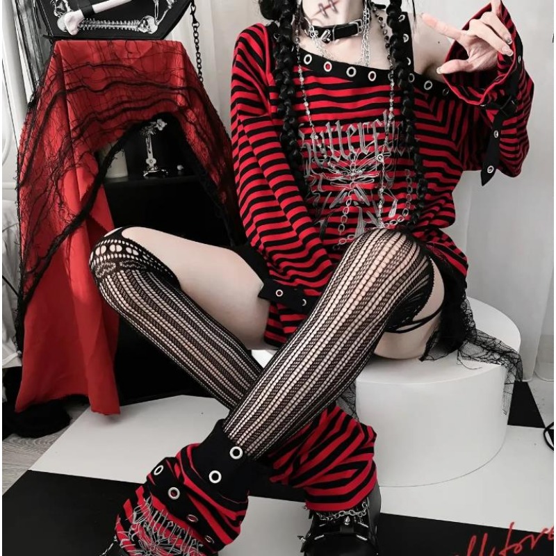 Chemise Longue à Manches sulfpour Fille, Style Gothique, Blouse Punk, Sous-culture Papillon, à Rayures Bleues et Rouges