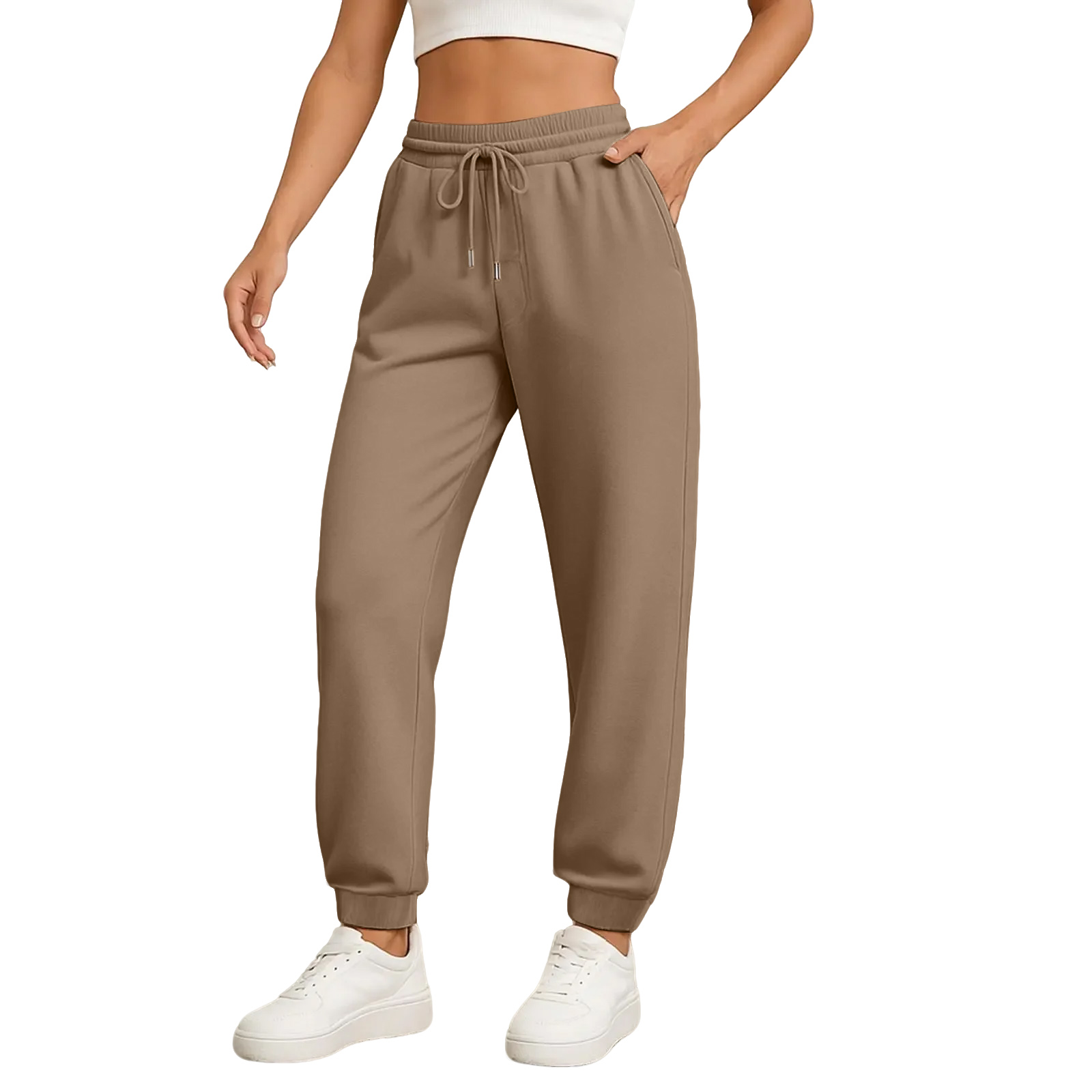 Pantalon à jambes droites pour femmes, couleur unie, taille haute, poches avec cordon de serrage, taille élastique, pantalons décontractés, pantalons de survêtement pour femmes