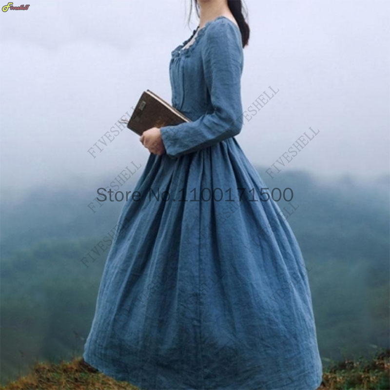 Robe rétro victorienne médiévale pour femme, col carré, manches longues, taille haute, français, déclin, marron, bleu, tempérament, robe longue