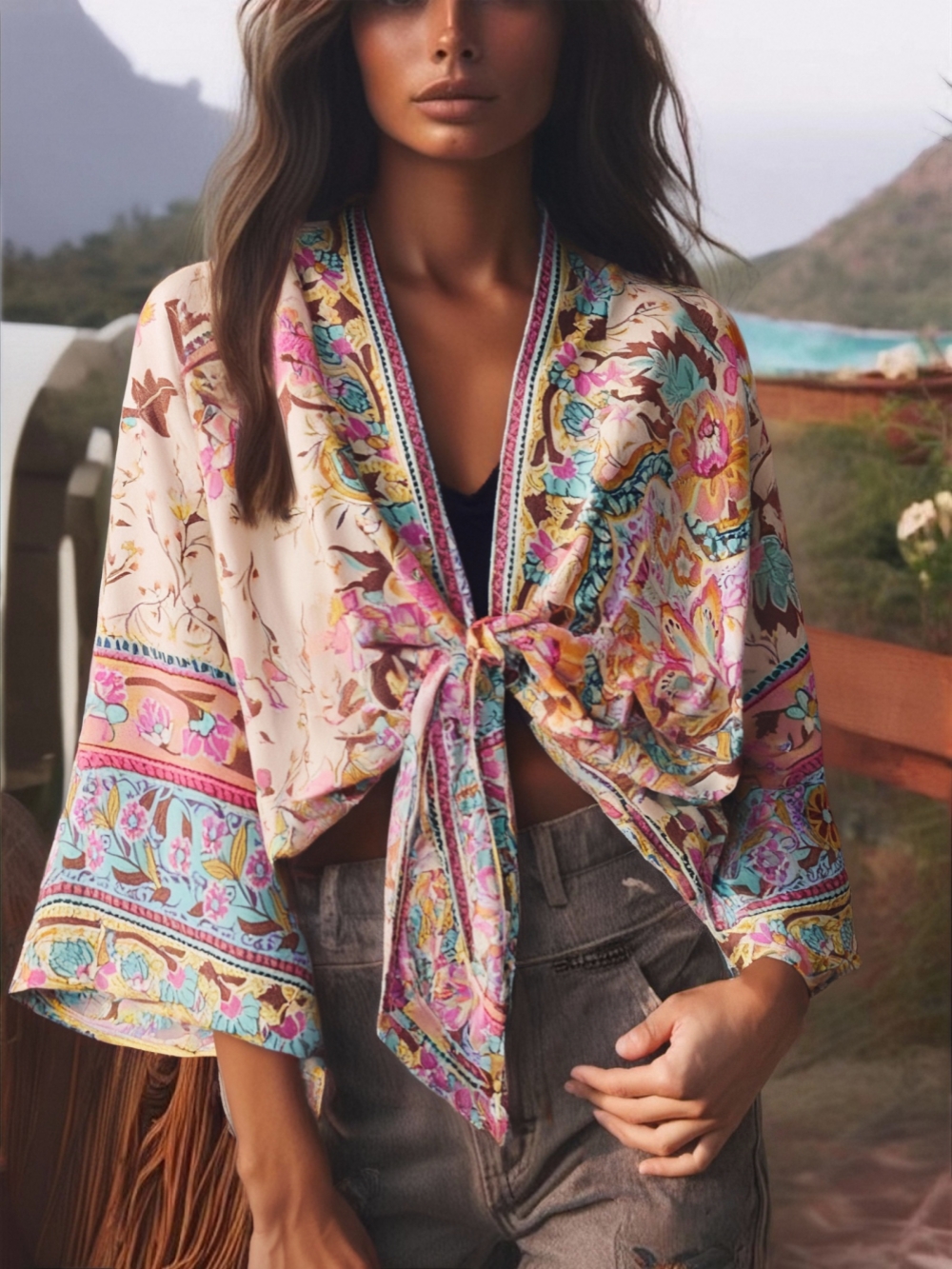 Kimono court imprimé floral paon pour femme, manches chauve-souris, coton rayonne, mode vintage, robe de plage pour femme, bikini Boho, couvertures