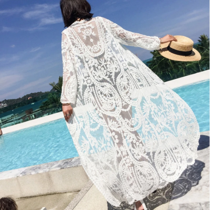 Robe de plage en dentelle blanche pour femmes, maxi, manches longues, cover-up, sexy, transparent, boho, bikini, vêtements de plage, été, 2024
