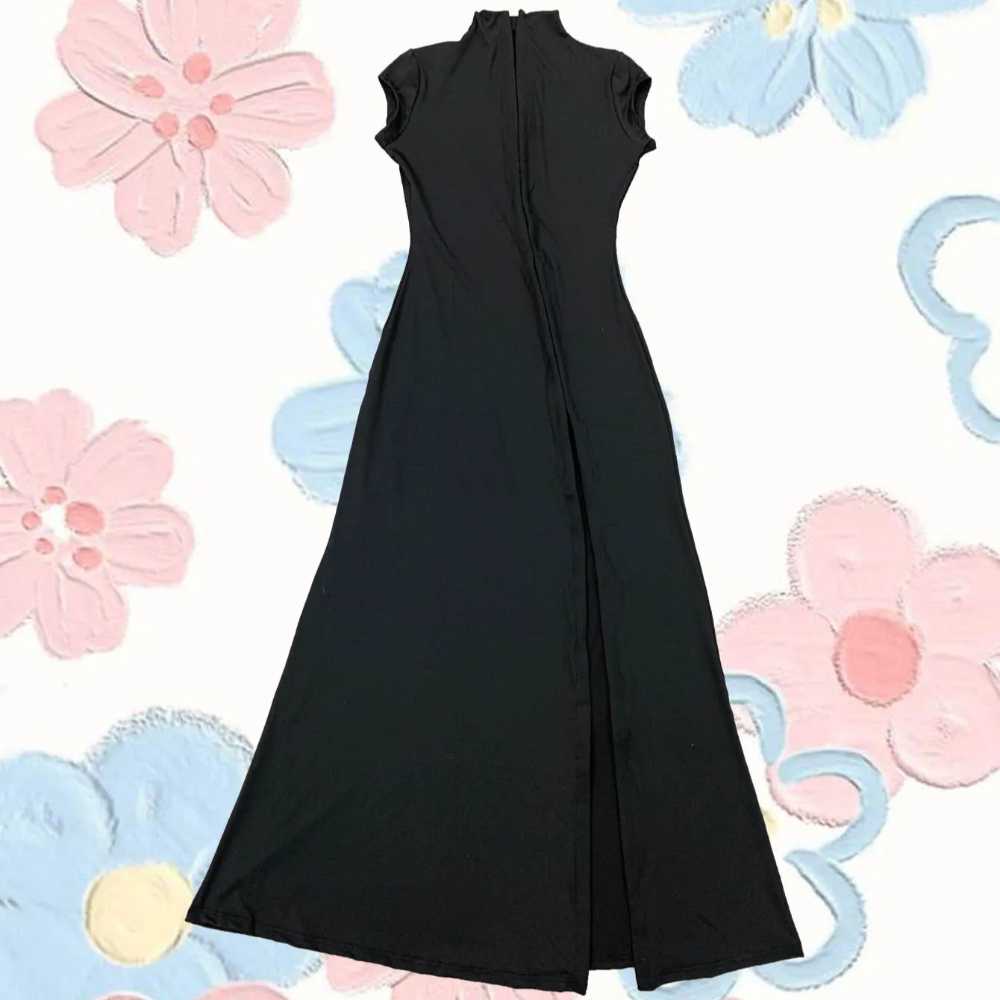 Robe longue noire à fente haute, col semi-montant, fermeture éclair, coupe ajustée, style jupe longue, sexy, pour soirée en boîte de nuit, pour femme, streetwear