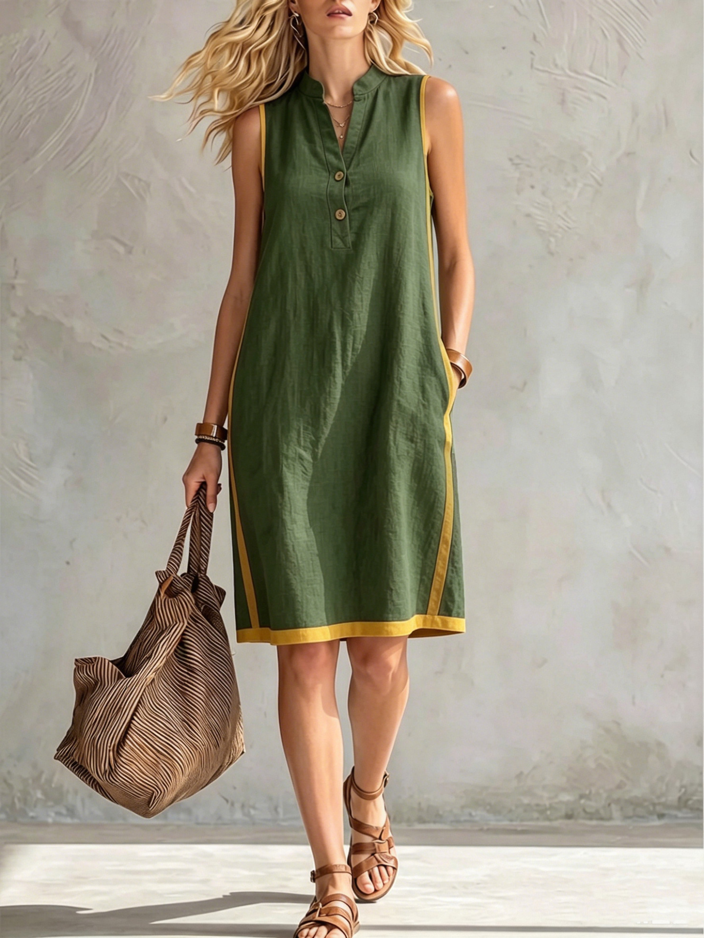 Robe décontractée mi-longue sans manches en coton et lin pour femme, col en V, demi-fermeture, avec bordure jaune contrastante