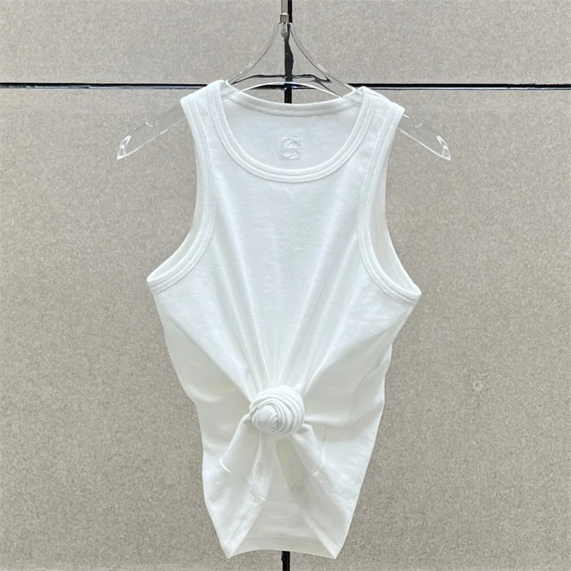 Gilet femme nouveau élastique tricoté coupe ajustée haut sans manches pour l'été 2025 pur coton col rond pull T-shirt y2k haut court