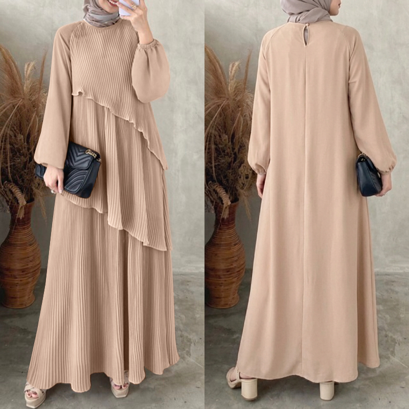 Robe longue plissée superposée ZANZEA, style musulman, avec patchwork, manches lanternes élégantes, Abaya islamique, Hijab plissé pour femme