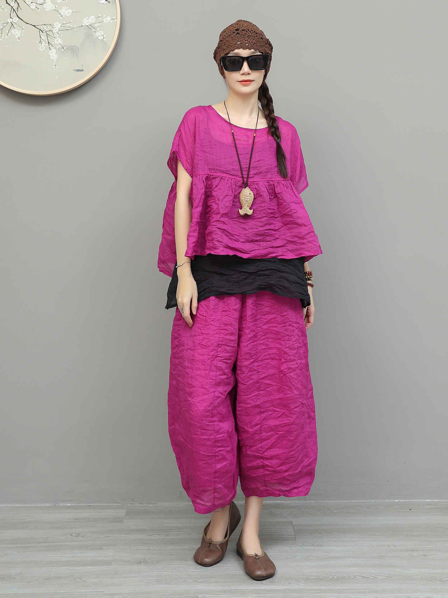 Ensemble décontracté 2 pièces pour femme : haut court à manches courtes et pantalon large à jambes courtes (T-shirts et pantalons)